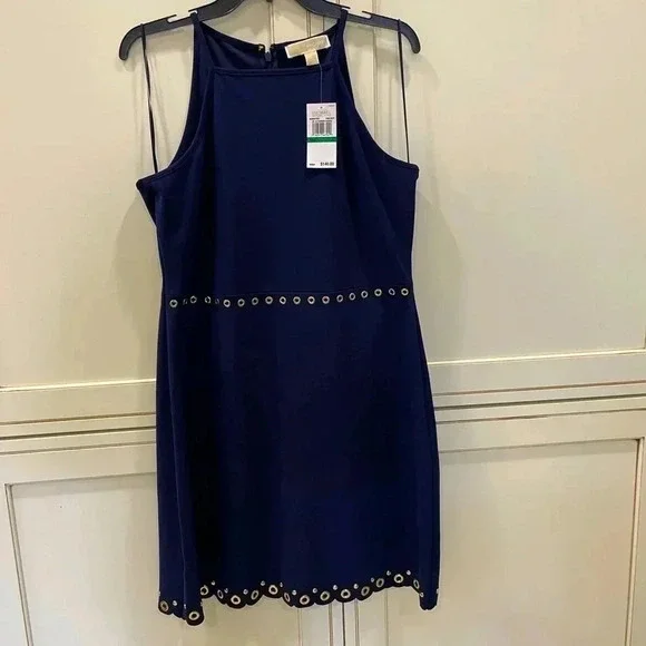 MICHAEL KORS SCALLOP HEM GROMMET DRESS TRUE NAVY SIZE L - Picture 1 of 4